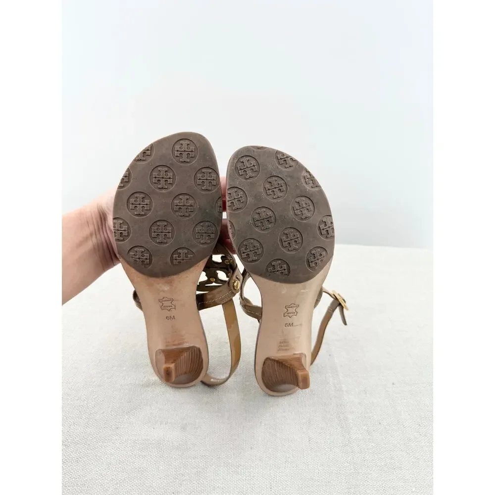 Tory Burch Leather Mid-Heel Thong Sandals with Metallic Logo Beige Women's US 6